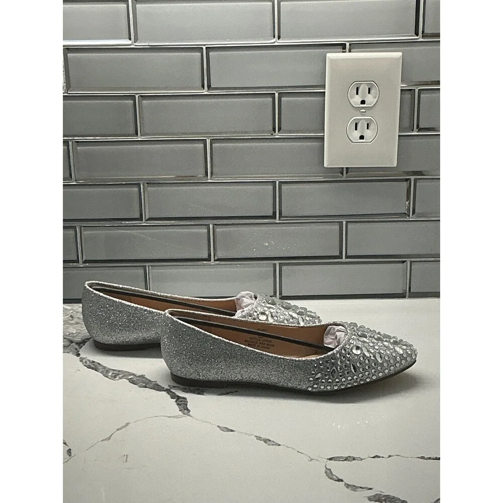 Lauren Lorraine Kelsey Silver Glitter Rhinestone Pointed Toe‎ Flats Shoes Size 9